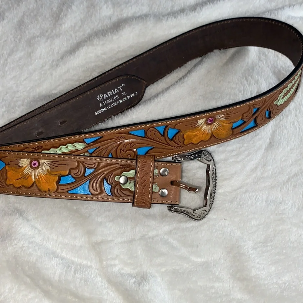 Ariat Brown Leather Belt with Floral Design - Picture 1 of 5
